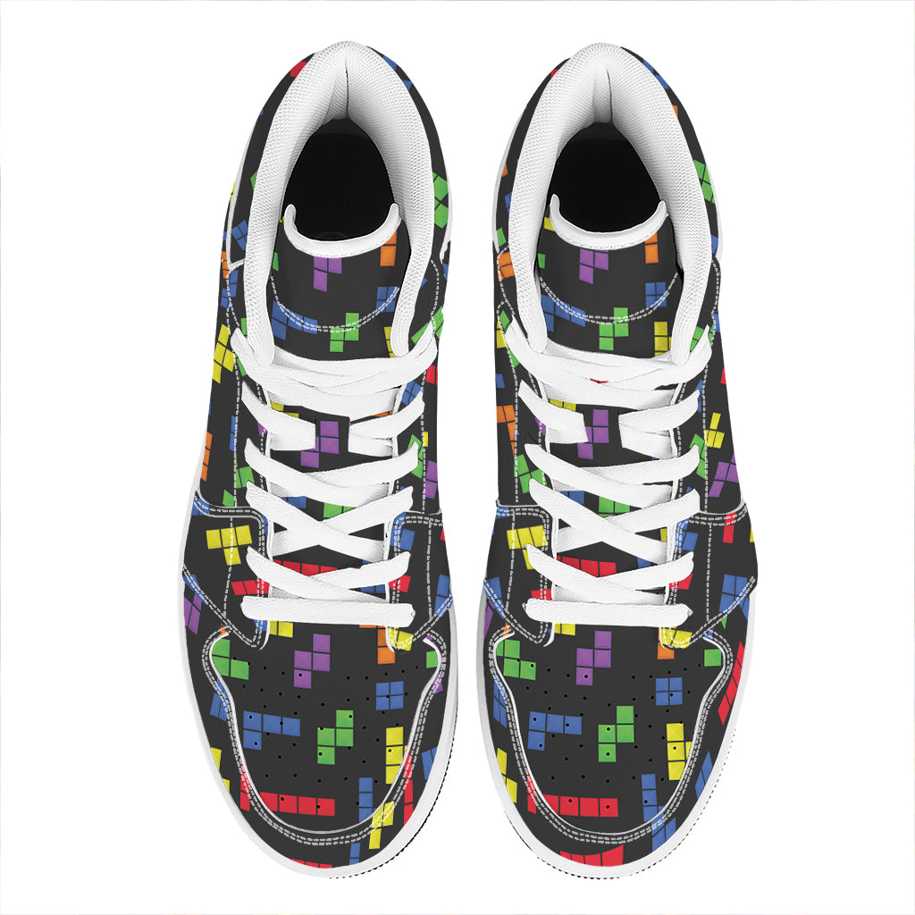 Colorful Block Puzzle Game Pattern Print High Top Leather Sneakers