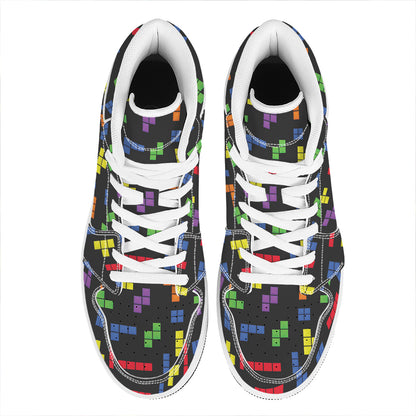 Colorful Block Puzzle Game Pattern Print High Top Leather Sneakers