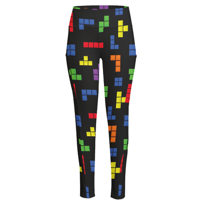 Colorful Block Puzzle Game Pattern Print High-Waisted Pocket Leggings