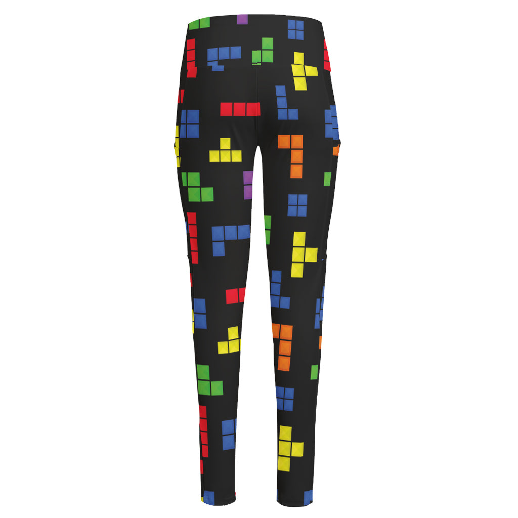 Colorful Block Puzzle Game Pattern Print High-Waisted Pocket Leggings