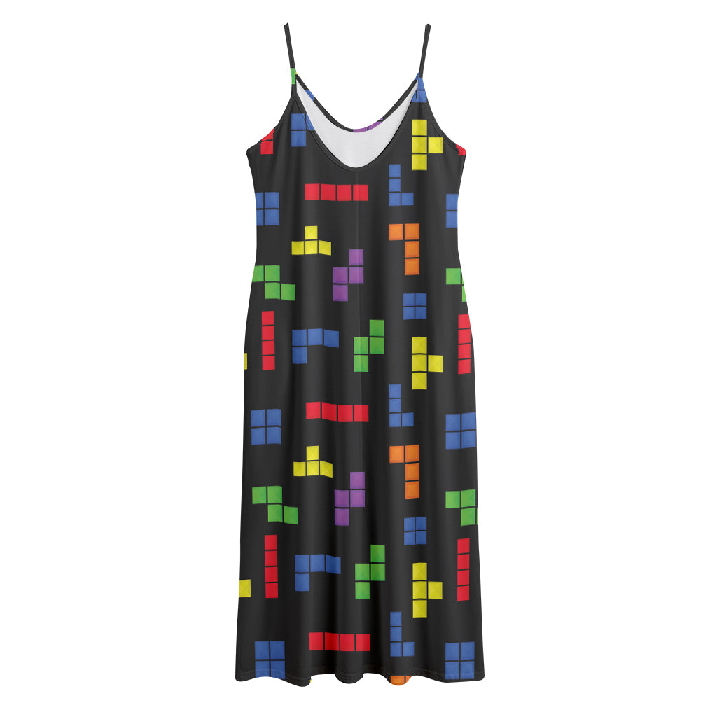 Colorful Block Puzzle Game Pattern Print Jersey Midi Cami Dress