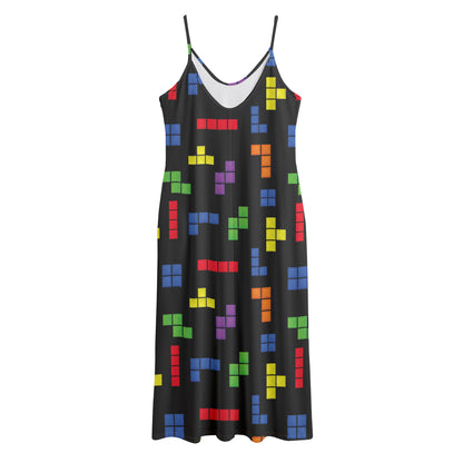 Colorful Block Puzzle Game Pattern Print Jersey Midi Cami Dress
