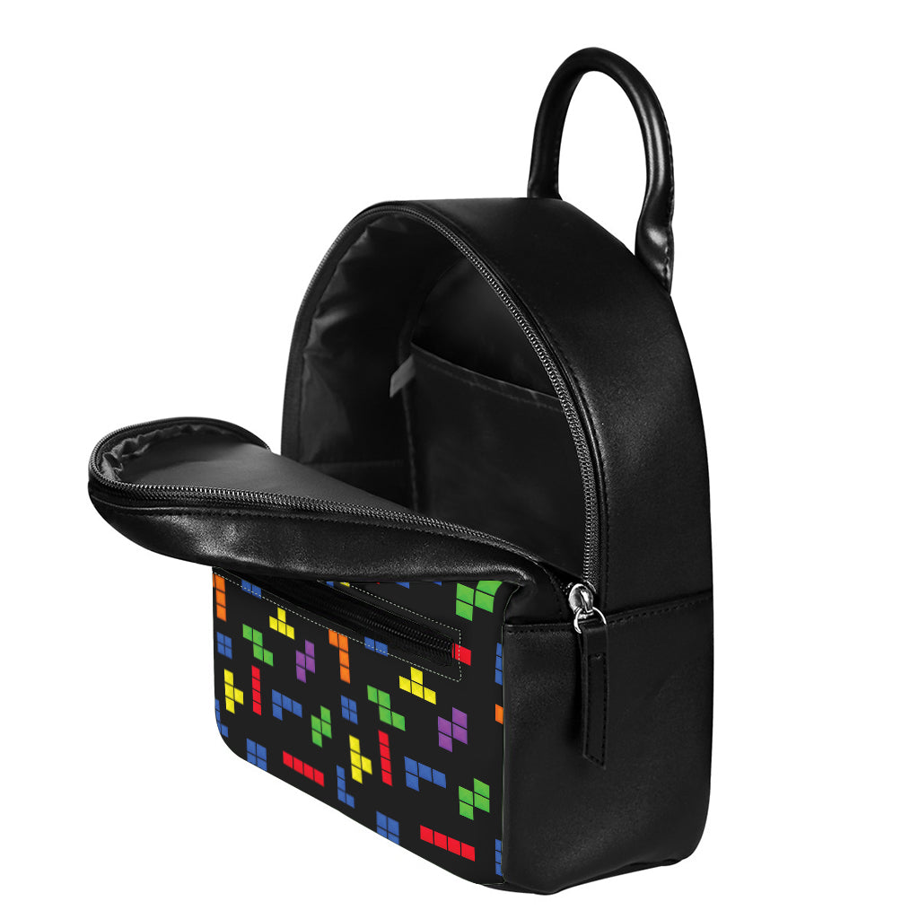 Colorful Block Puzzle Game Pattern Print Leather Backpack