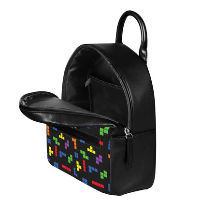 Colorful Block Puzzle Game Pattern Print Leather Backpack