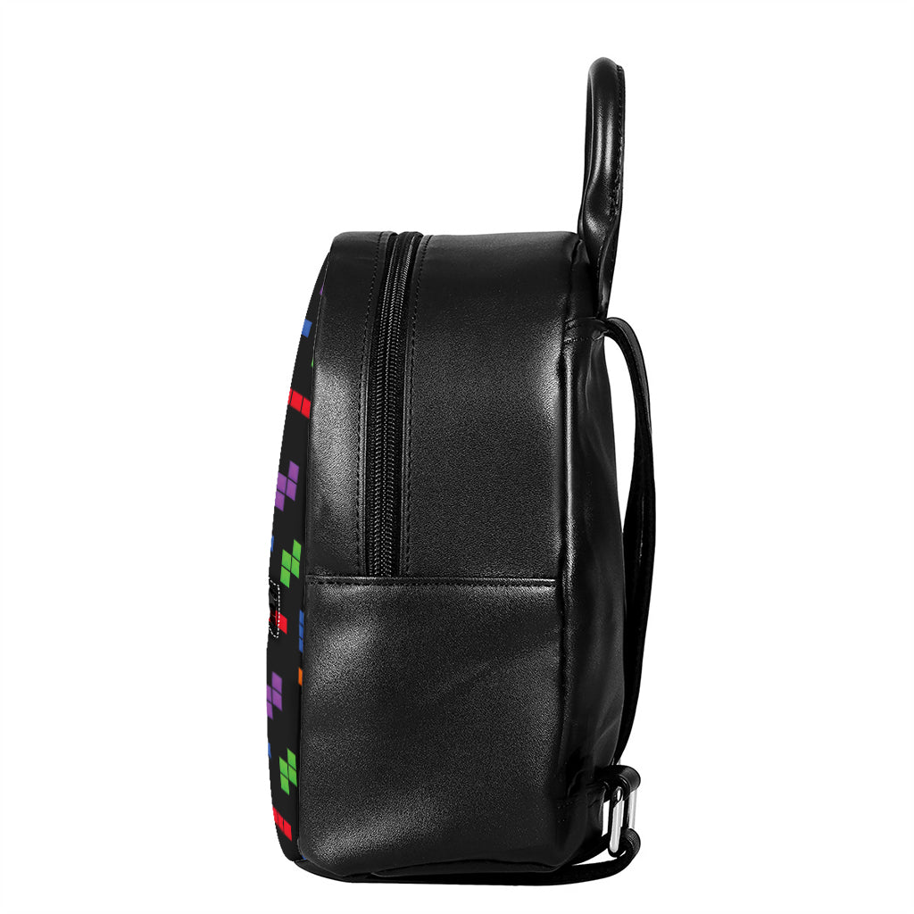 Colorful Block Puzzle Game Pattern Print Leather Backpack