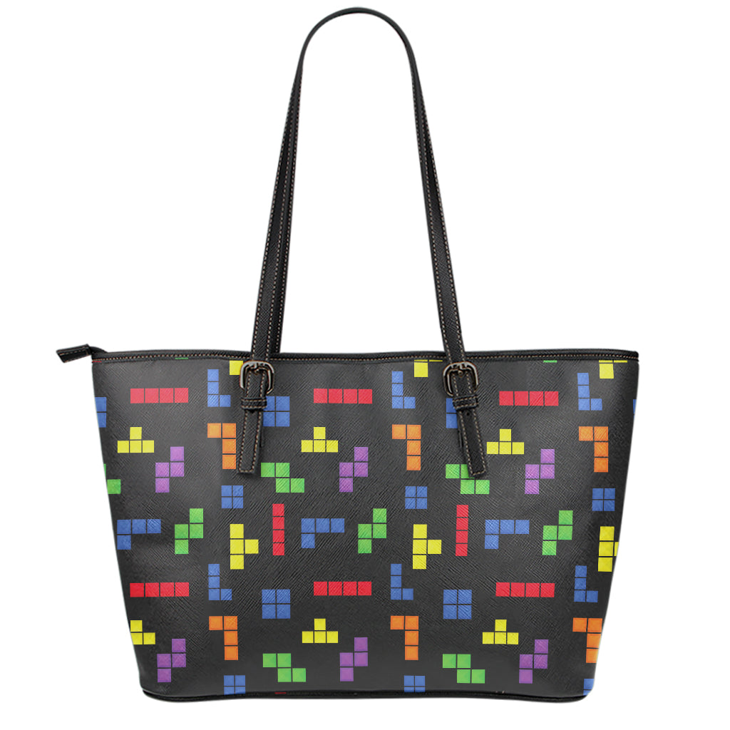 Colorful Block Puzzle Game Pattern Print Leather Tote Bag