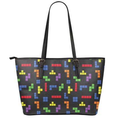 Colorful Block Puzzle Game Pattern Print Leather Tote Bag