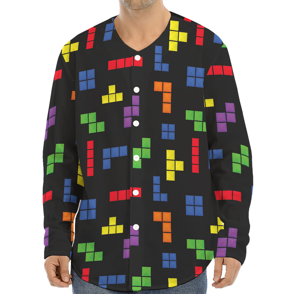 Colorful Block Puzzle Game Pattern Print Long Sleeve Baseball Jersey
