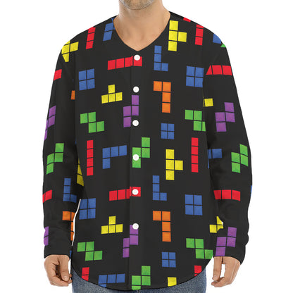 Colorful Block Puzzle Game Pattern Print Long Sleeve Baseball Jersey
