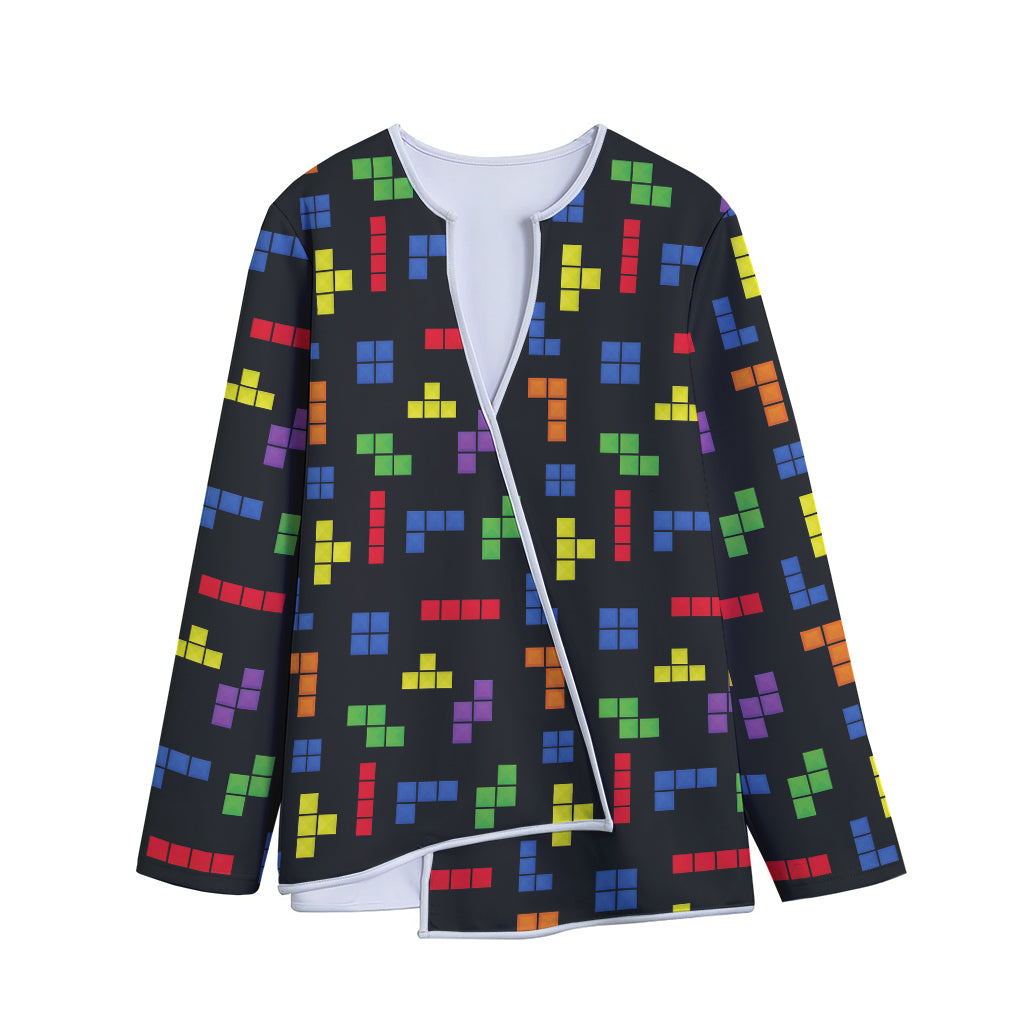 Colorful Block Puzzle Game Pattern Print Long Sleeve Short Coat