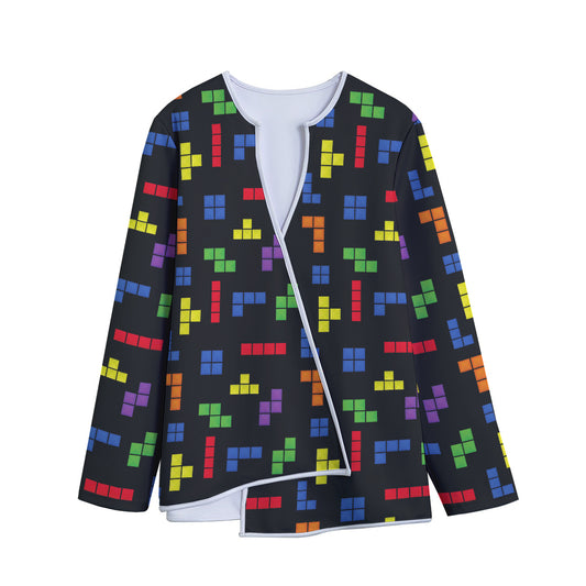 Colorful Block Puzzle Game Pattern Print Long Sleeve Short Coat