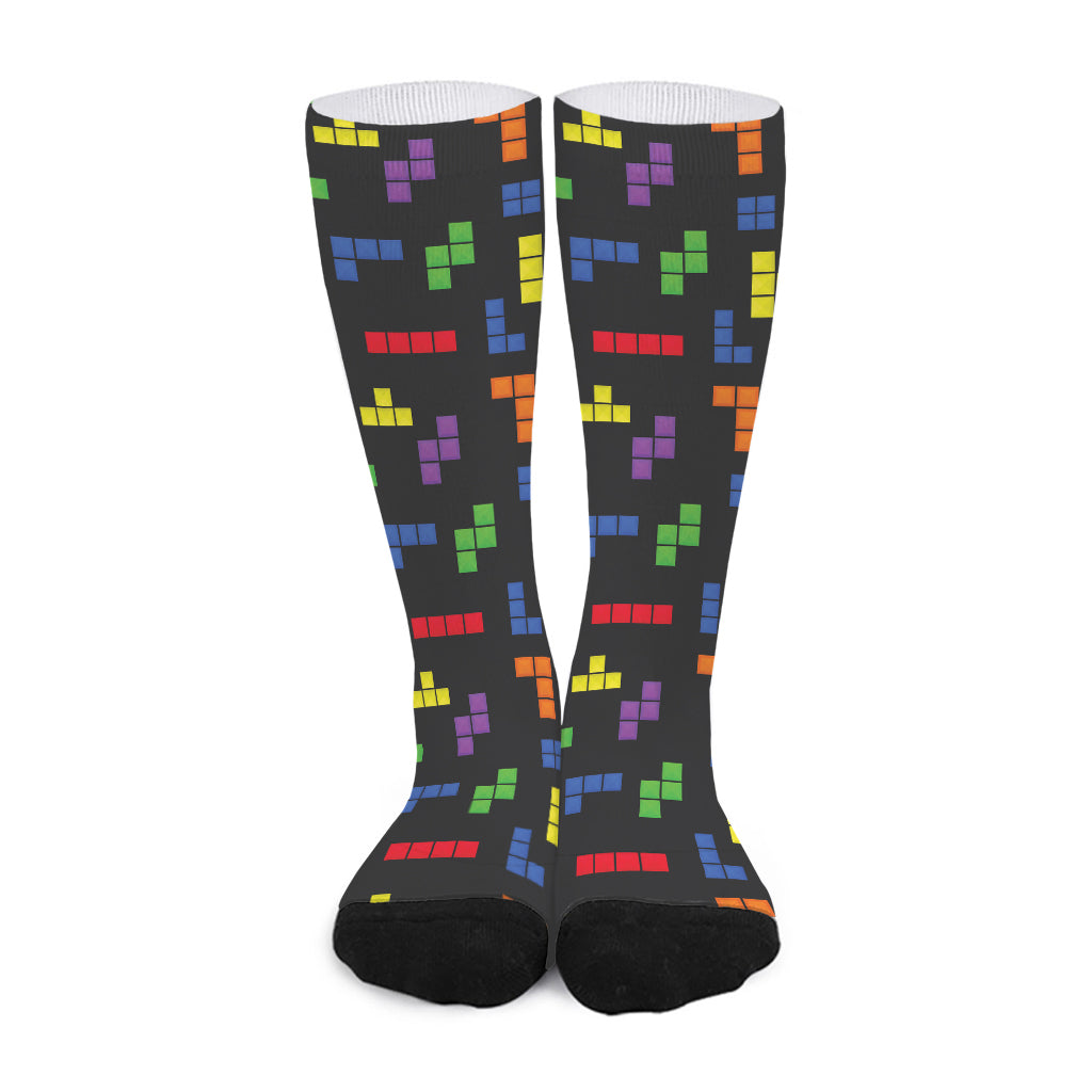 Colorful Block Puzzle Game Pattern Print Long Socks