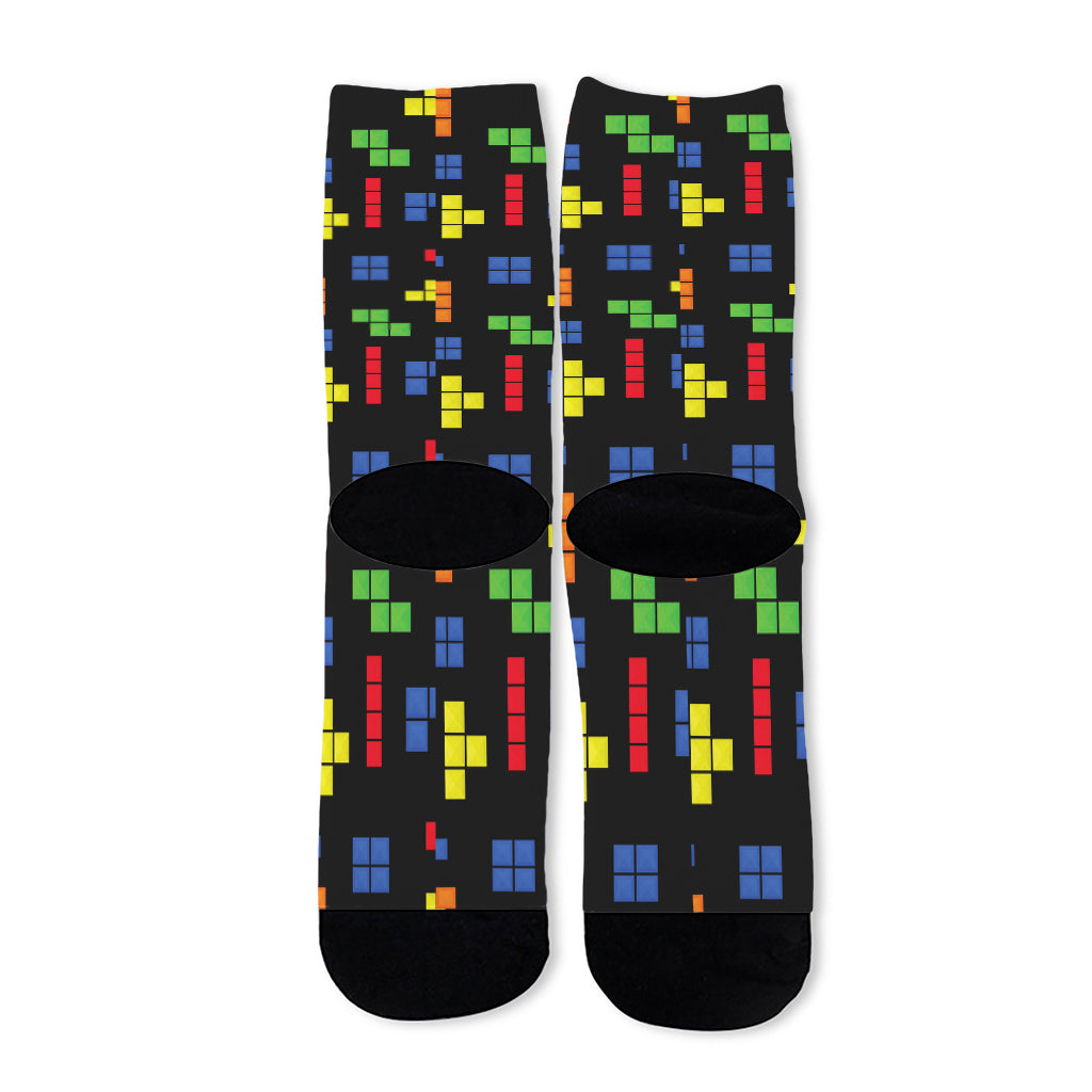 Colorful Block Puzzle Game Pattern Print Long Socks