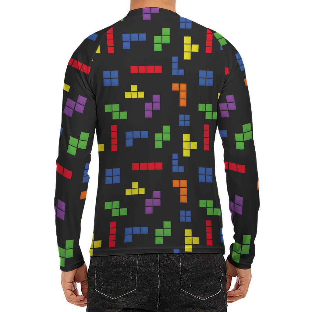 Colorful Block Puzzle Game Pattern Print Men's Long Sleeve Rash Guard