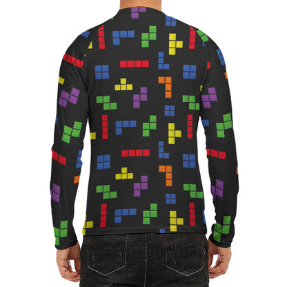 Colorful Block Puzzle Game Pattern Print Men's Long Sleeve Rash Guard