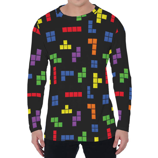 Colorful Block Puzzle Game Pattern Print Men's Long Sleeve T-Shirt
