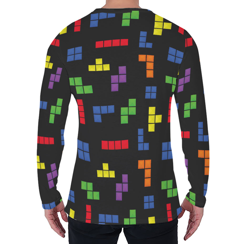 Colorful Block Puzzle Game Pattern Print Men's Long Sleeve T-Shirt