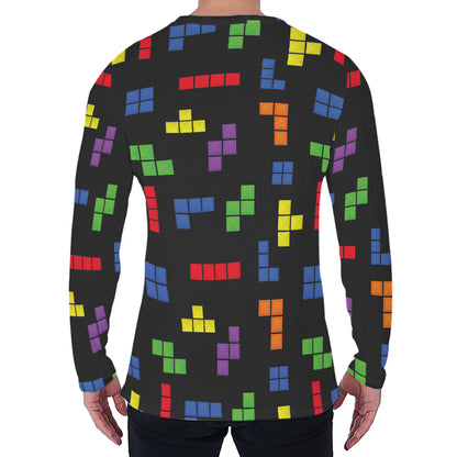 Colorful Block Puzzle Game Pattern Print Men's Long Sleeve T-Shirt
