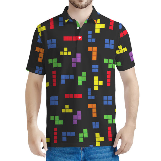 Colorful Block Puzzle Game Pattern Print Men's Polo Shirt
