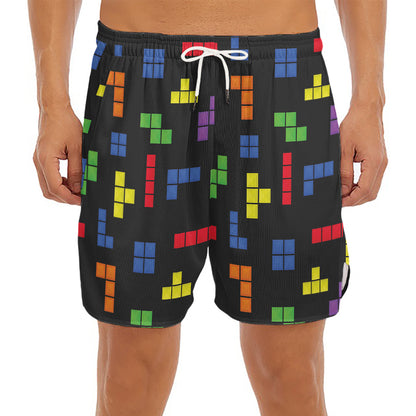 Colorful Block Puzzle Game Pattern Print Men's Split Running Shorts