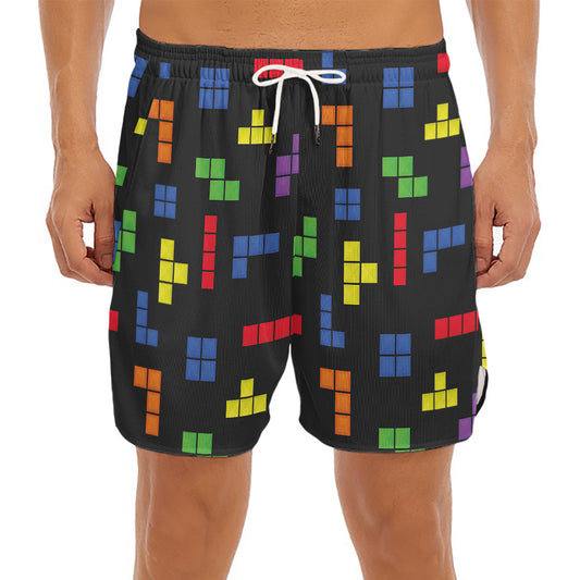 Colorful Block Puzzle Game Pattern Print Men's Split Running Shorts