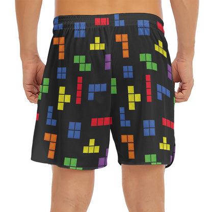 Colorful Block Puzzle Game Pattern Print Men's Split Running Shorts