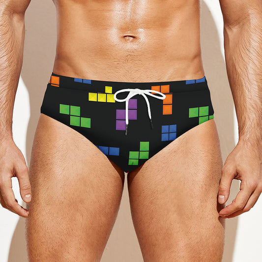 Colorful Block Puzzle Game Pattern Print Men's Swim Briefs