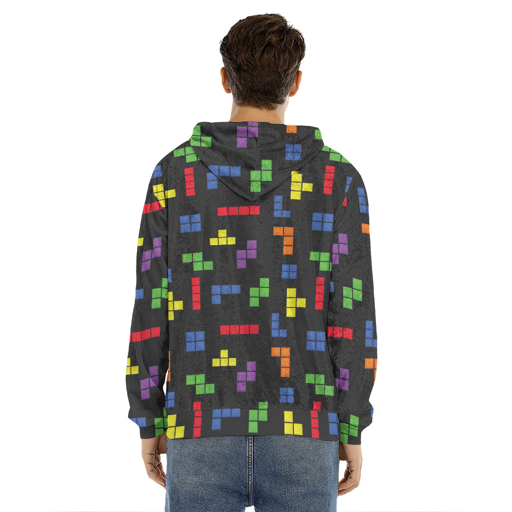 Colorful Block Puzzle Game Pattern Print Men's Velvet Pullover Hoodie