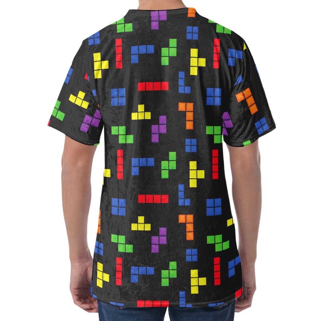 Colorful Block Puzzle Game Pattern Print Men's Velvet T-Shirt