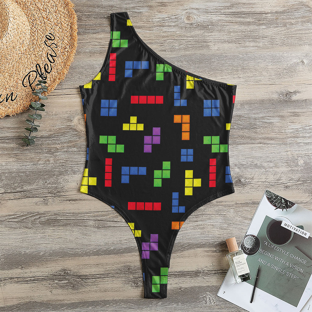 Colorful Block Puzzle Game Pattern Print One Shoulder Bodysuit