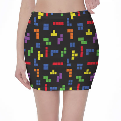 Colorful Block Puzzle Game Pattern Print Pencil Mini Skirt