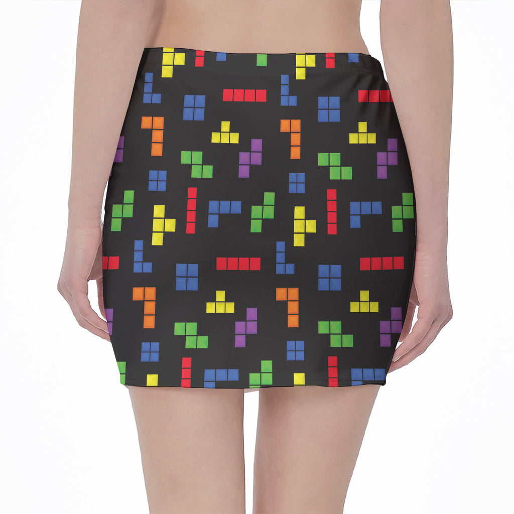 Colorful Block Puzzle Game Pattern Print Pencil Mini Skirt