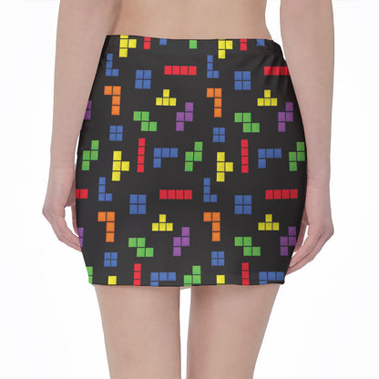 Colorful Block Puzzle Game Pattern Print Pencil Mini Skirt