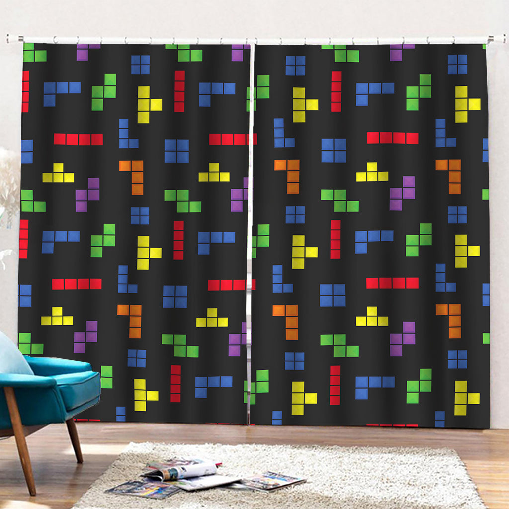 Colorful Block Puzzle Game Pattern Print Pencil Pleat Curtains
