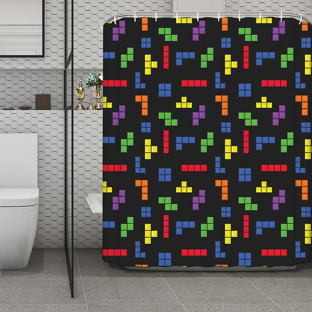Colorful Block Puzzle Game Pattern Print Polyester Shower Curtain