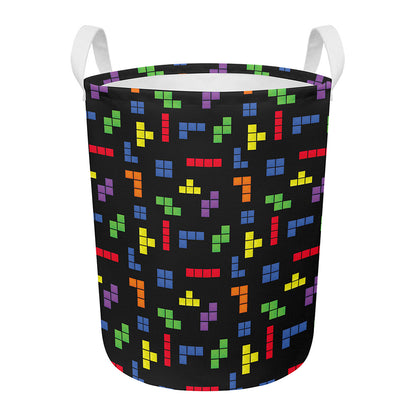 Colorful Block Puzzle Game Pattern Print Round Laundry Basket