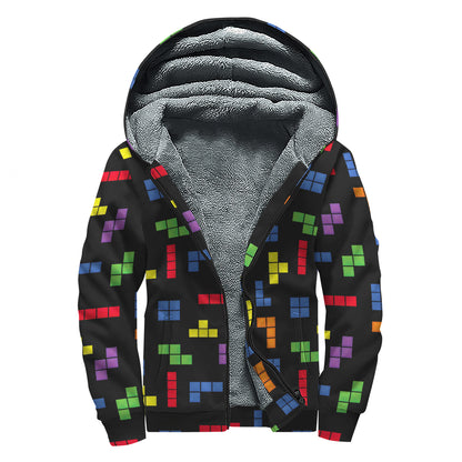 Colorful Block Puzzle Game Pattern Print Sherpa Lined Zip Up Hoodie