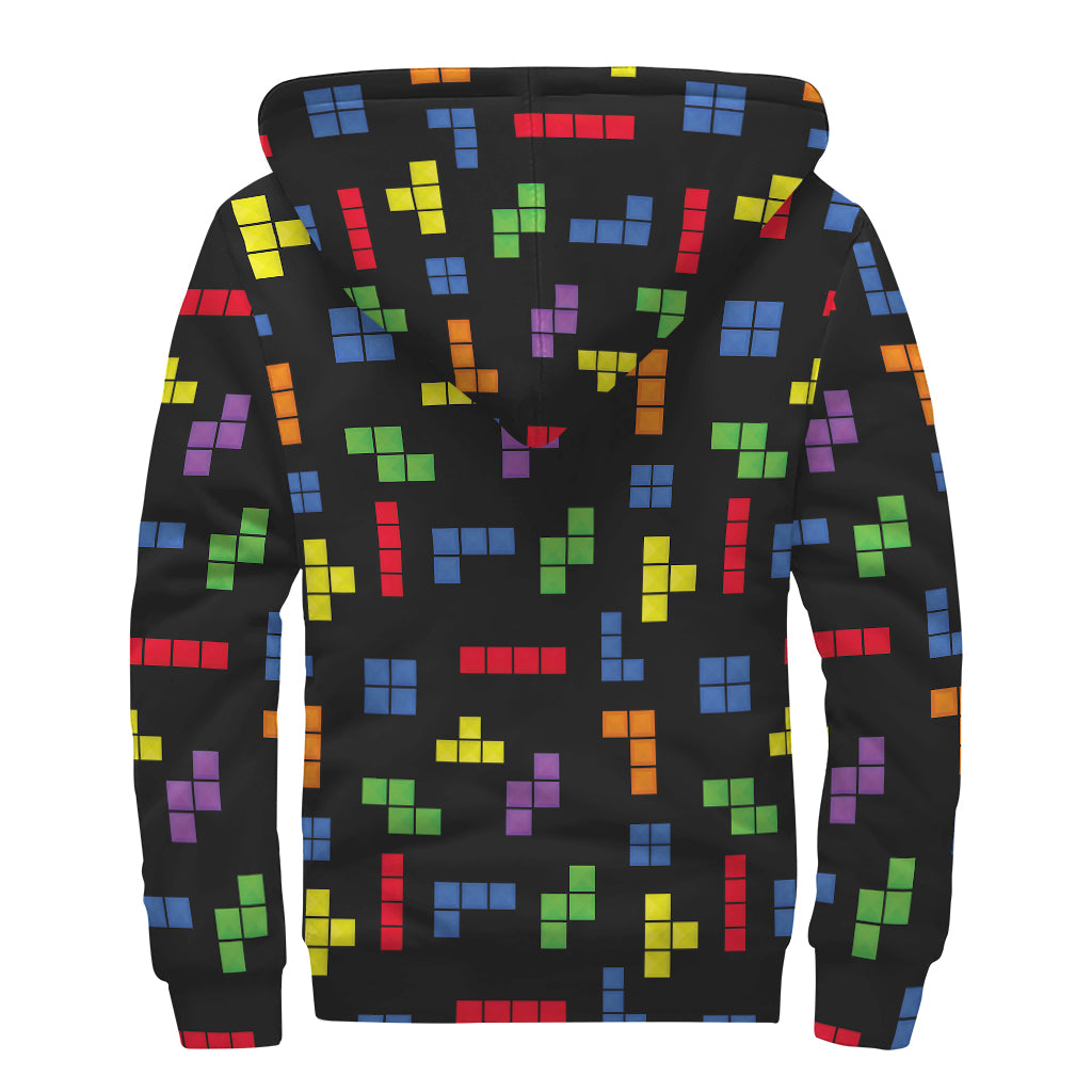 Colorful Block Puzzle Game Pattern Print Sherpa Lined Zip Up Hoodie