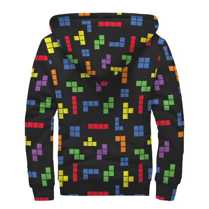 Colorful Block Puzzle Game Pattern Print Sherpa Lined Zip Up Hoodie