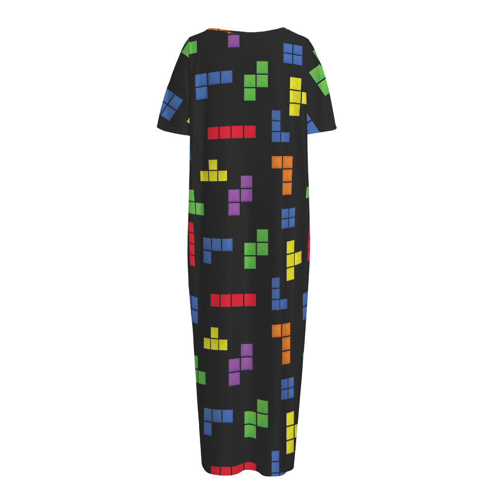 Colorful Block Puzzle Game Pattern Print Short Sleeve Long Nightdress