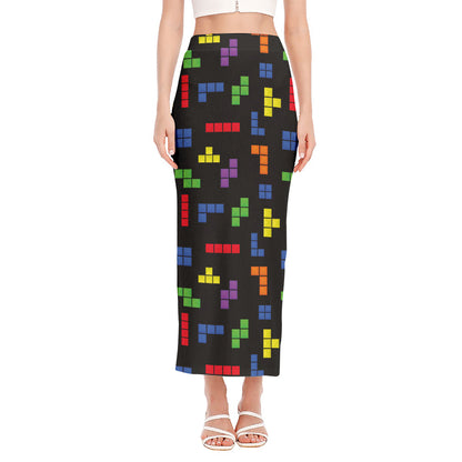 Colorful Block Puzzle Game Pattern Print Side Slit Maxi Skirt
