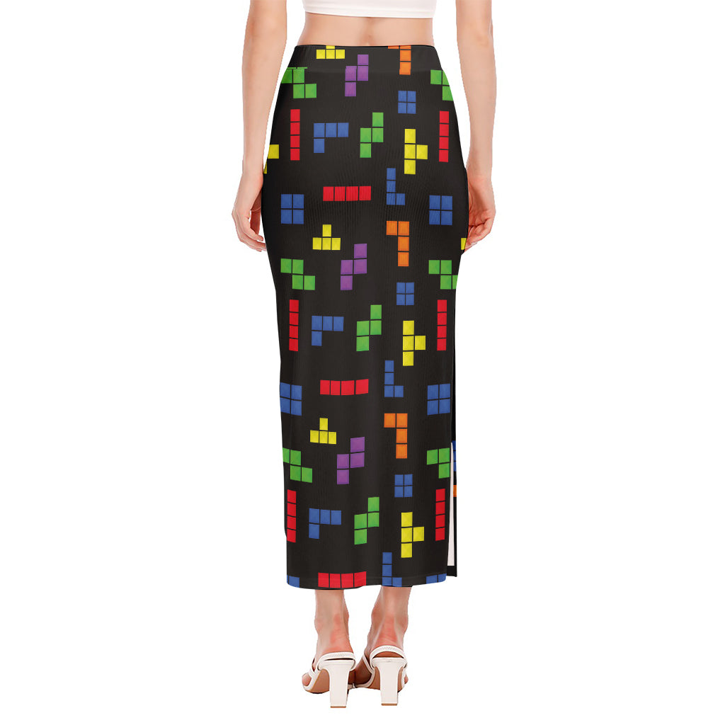 Colorful Block Puzzle Game Pattern Print Side Slit Maxi Skirt