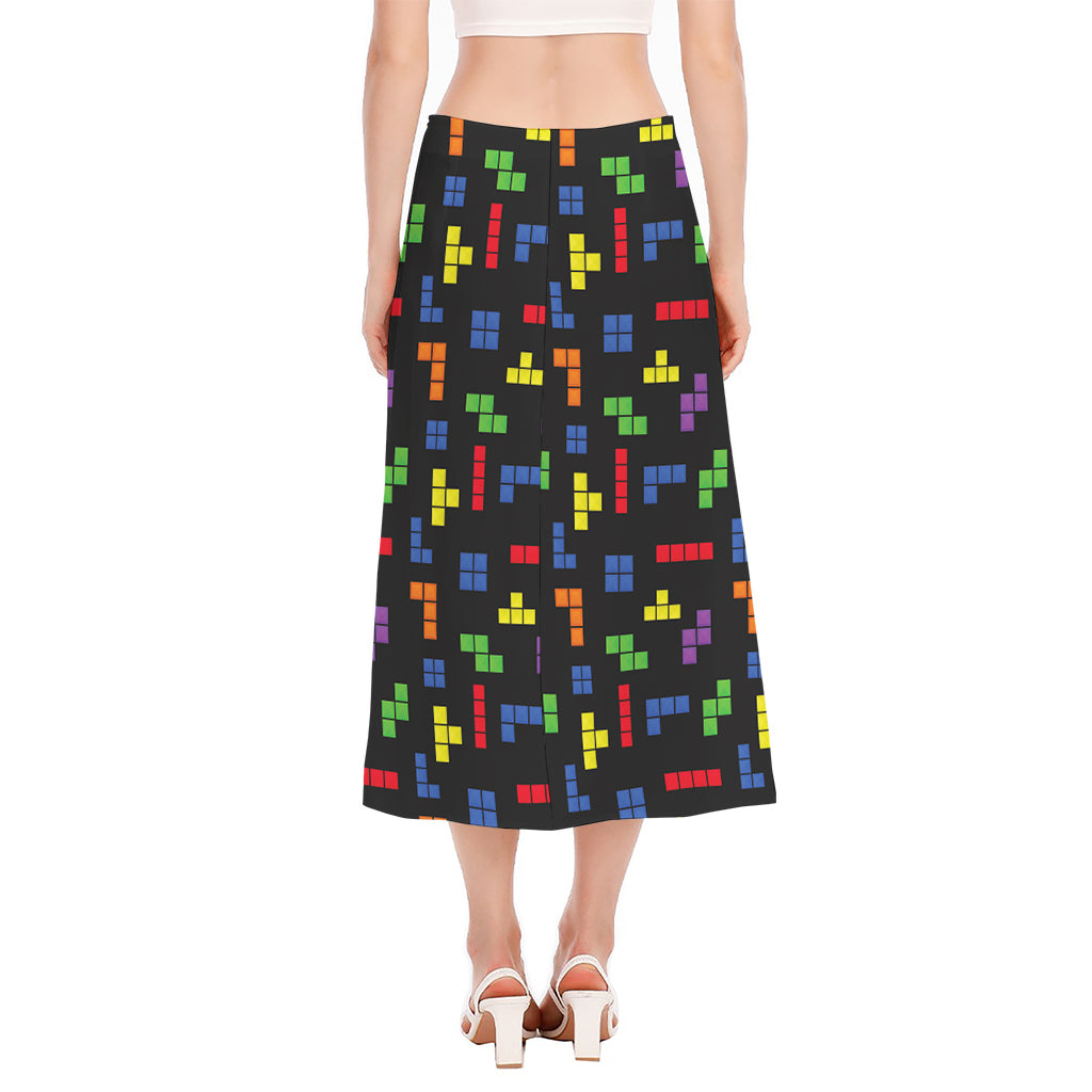 Colorful Block Puzzle Game Pattern Print Side Slit Midi Skirt