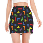 Colorful Block Puzzle Game Pattern Print Side Slit Mini Skirt