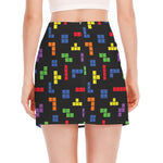 Colorful Block Puzzle Game Pattern Print Side Slit Mini Skirt