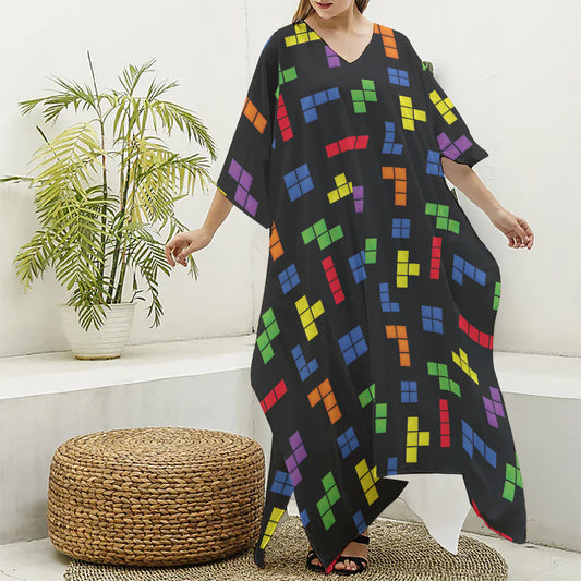 Colorful Block Puzzle Game Pattern Print Silk V-Neck Kaftan Dress