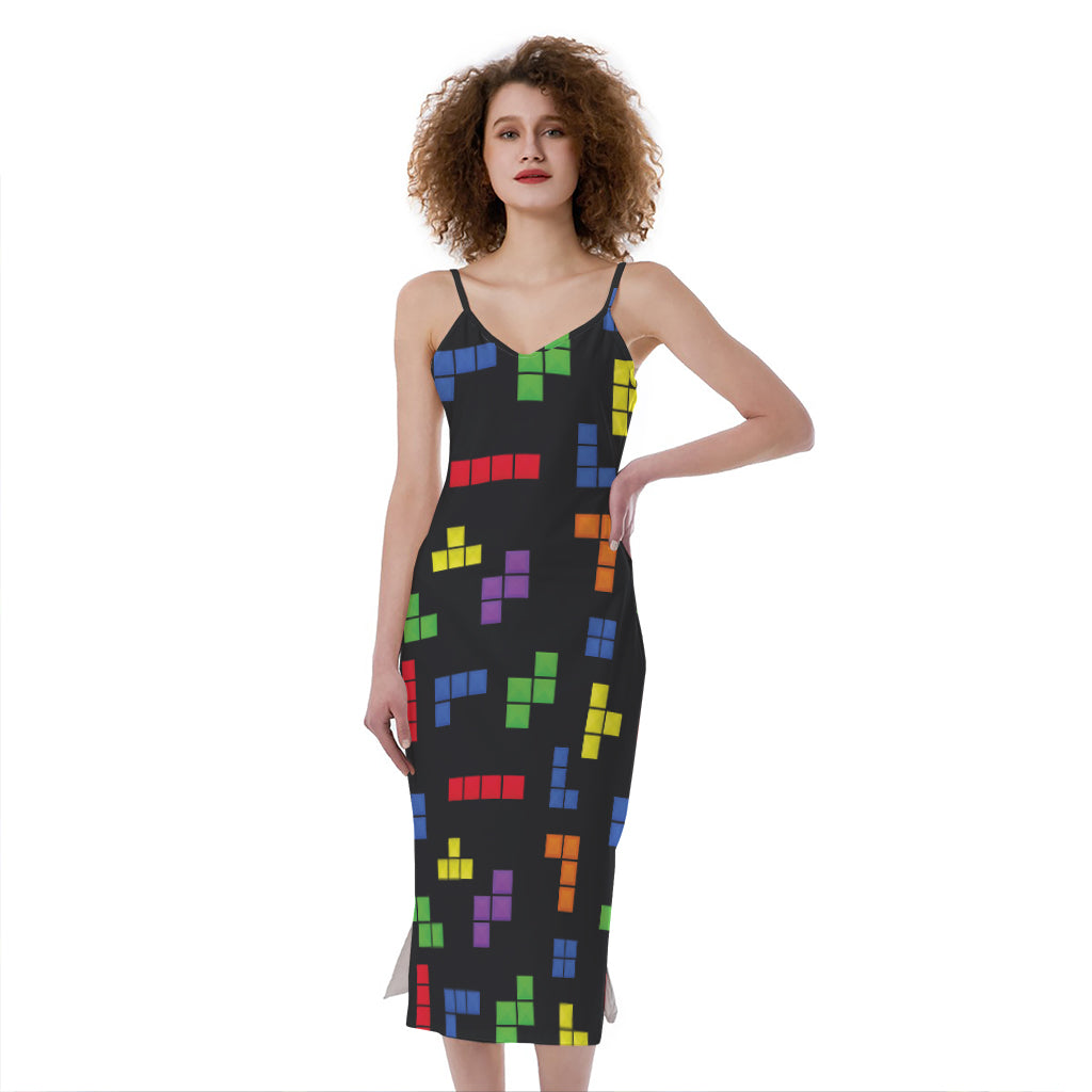 Colorful Block Puzzle Game Pattern Print Slim Fit Midi Cami Dress
