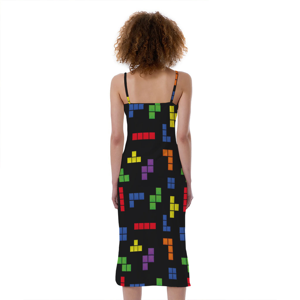 Colorful Block Puzzle Game Pattern Print Slim Fit Midi Cami Dress
