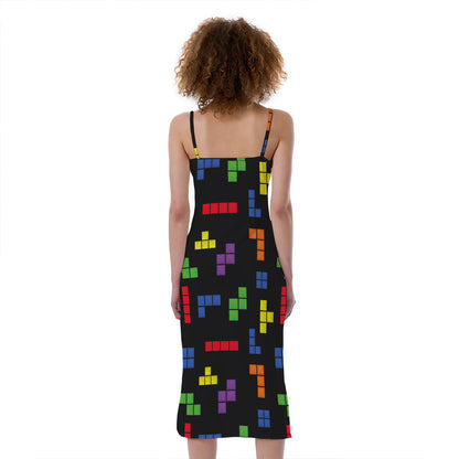 Colorful Block Puzzle Game Pattern Print Slim Fit Midi Cami Dress