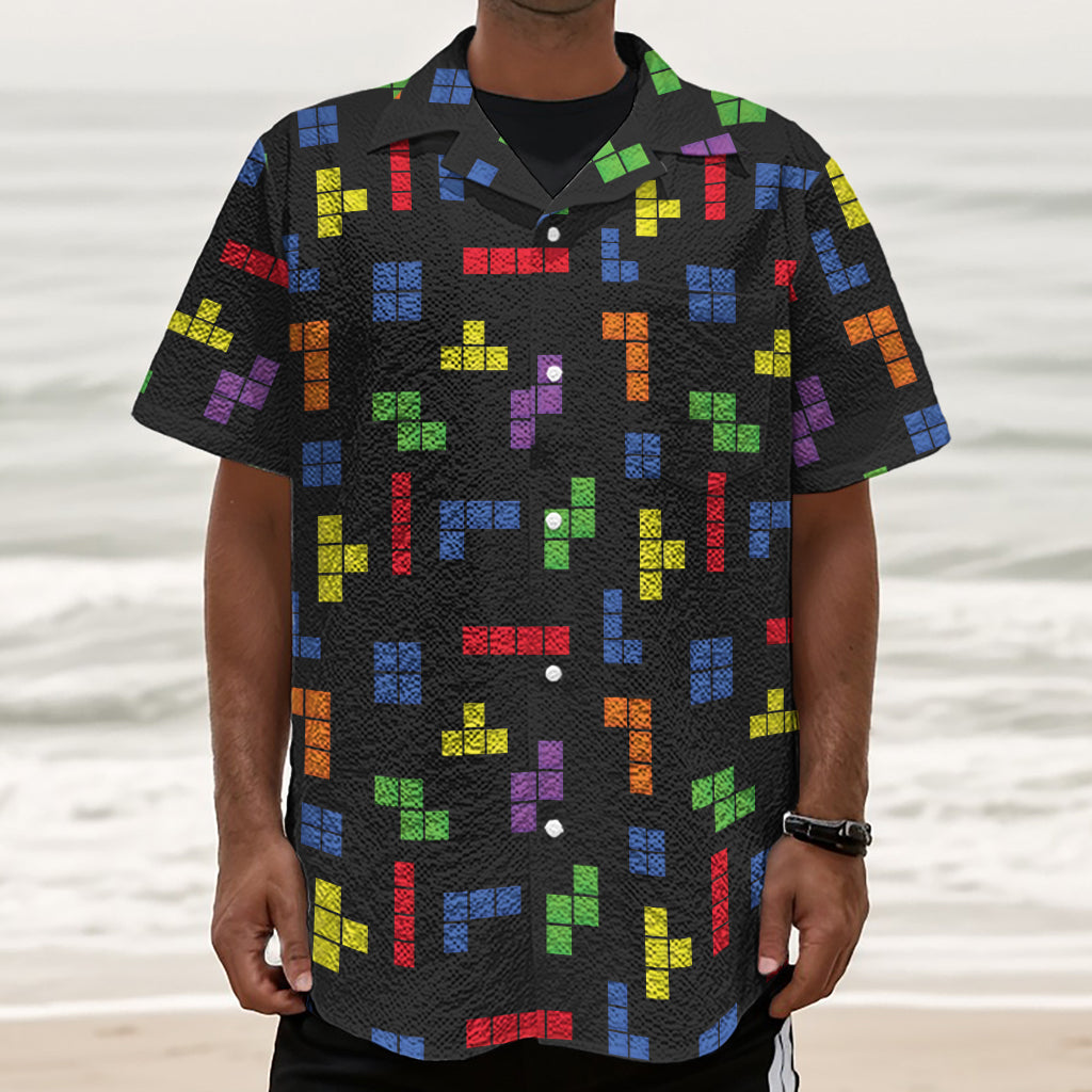 Colorful Block Puzzle Game Pattern Print Textured Short Sleeve Shirt